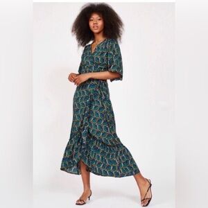 NWT Silk & Salt Wrap Midi Dress Ruffle Hem Details Geometric Print Size Medium